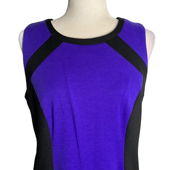 Ellen Tracy Colorblock Sheath Dress 8 Blue Black Lined Sleeveless Zip Round Neck - Picture 2 of 6